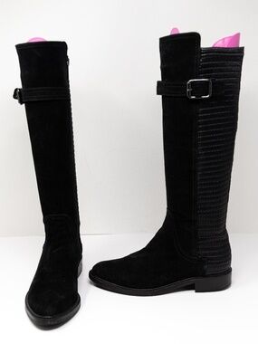 Aquatalia Gael Genuine Suede Stretch Panel Knee High Riding Boots Shoes Black 5
